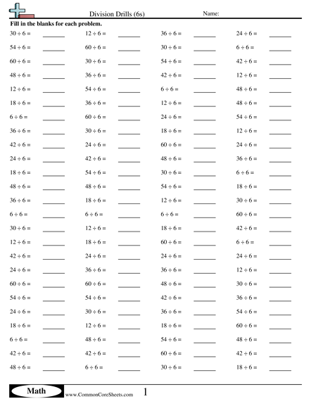Math Drills Worksheets - Division Drills (6s) worksheet